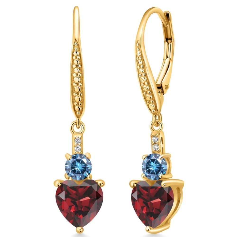 18K Yellow Gold with 3.09 Cttw Garnet and Moissanite Heart Leverback Earrings